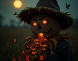Spooky scarecrow with a cascade of orange butterflies pouring out of its mouth on Halloween night.