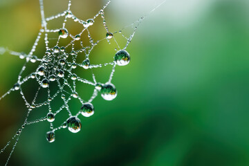 Wall Mural - Perfect spider web with dew drops illuminated against blurred green background, natural graphic detail, symbol of connection and fragility in minimal aesthetic