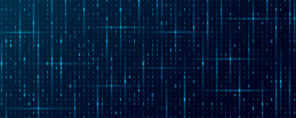 Glowing blue binary code with random digits 0 and 1 for Technology or Science background. Data coding concept for programming web presentation. Vector illustration.