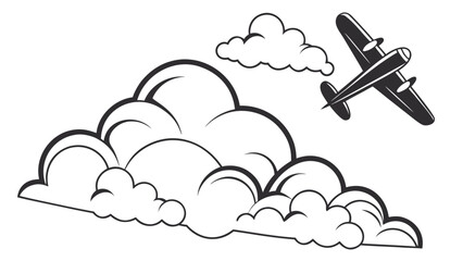 Stylized black and white illustration of a vintage twin engine airplane soaring through fluffy cartoon clouds against a clean white background