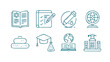 © stock - A collection of educational and learning icons in a clean modern line art style on a black background representing knowledge study and academic achievement