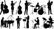 © Mst Hosnara Khatun - Silhouettes of musicians playing instruments, orchestra band, pianist, violinists, drummers, cellists, musical performance, classical music, concert, live music, music group, artistic expression.