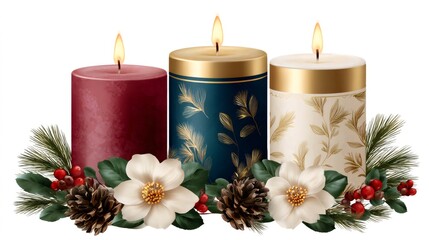 Wall Mural - three burning christmas candles with pine cones, red berries and white flowers