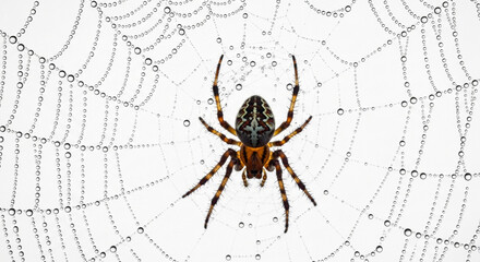 A close-up view of a garden spider centered on its intricate web, covered in numerous sparkling dew drops against a bright, clear background.