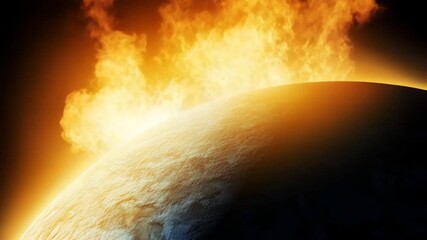Wall Mural - Solar flare eruption from planet surface with bright orange and yellow flames illuminating dark space, creating dramatic cosmic scene with fiery plasma and glowing light in space environment