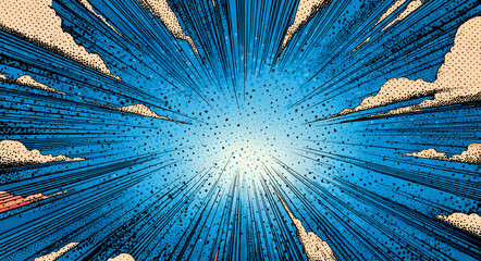 Dynamic blue comic book background with radial burst lines and polka dots