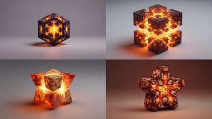 four glowing, multifaceted, cube-and-star-shaped objects, rendered in a 3d style with warm orange an