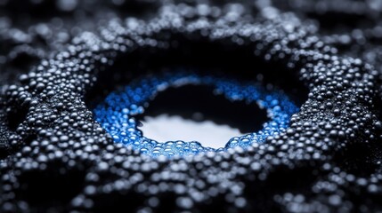Macro photograph showcasing a dark surface with blue-rimmed cavity filled with tiny spheres