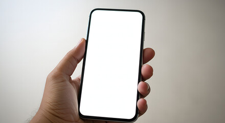 Hand showing smartphone with blank screen isolated with white background
