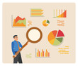 © Alwie99d - Business analysis concept. Businessman Analyzing Data and Graphs with a Large Magnifying Glass.