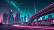 A vibrant nighttime cityscape showcases a cluster of modern skyscrapers illuminated with neon lights in various shades of blue, pink, and white. A distinct, tall tower with a unique sphere design stan