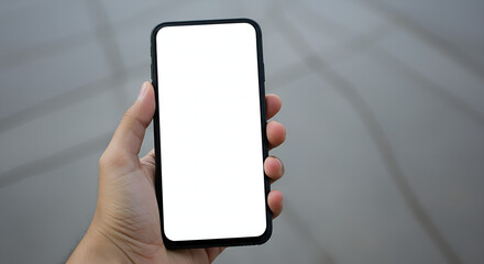 Hand showing smartphone with blank screen isolated with white background