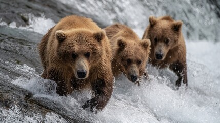 Canvas Print -   Three brown bears walk near rocks, water splashes