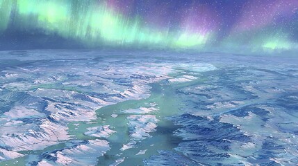Wall Mural - an aerial view of a vast body of water beneath a vibrant green and purple aurora bore above snow-cap