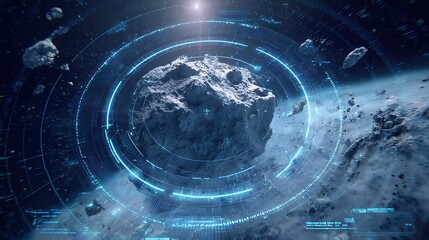 Wall Mural - asteroid field in deep space exploration with hud interface and digital technology elements design