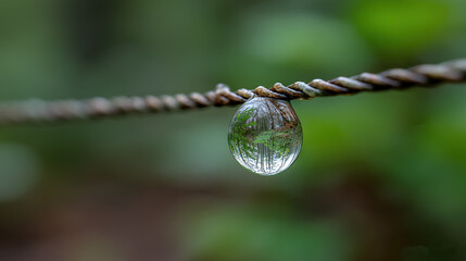 Wall Mural -   A droplet clings to a string in front of a fuzzy tree image behind it