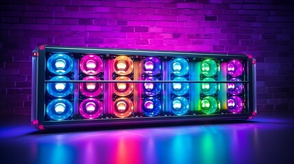 Illuminated computer fan array with vibrant rgb lighting against a brick wall backdrop