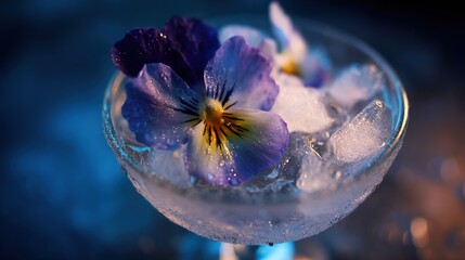 Wall Mural - close-up of a glass filled with water & purple flowers over ice
