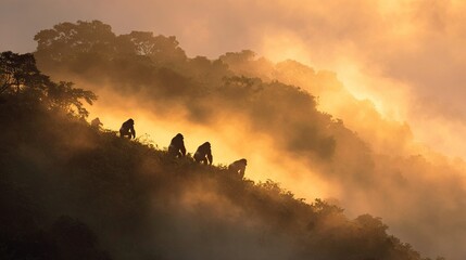 Wall Mural - a crowd on a hilly peak overlooking a dense woodland in the mist
