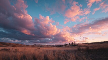 Wall Mural - a field with brown grass, cloudy sky, and trees on the opposite side
