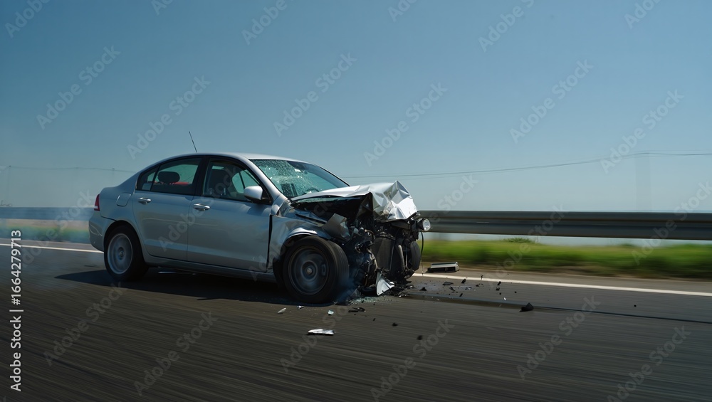 Car Crash Scene on Highway with Damaged Vehicle and Debris Illustrating ...