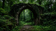 © ekarat - Ancient stone arch in lush green forest overgrown with moss and ivy