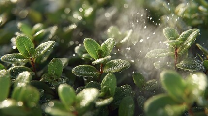 Wall Mural -   A macro shot of a drizzle of water on top of a lush green foliage