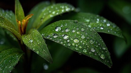 Wall Mural -   A high-resolution image of a green foliage with droplets of water on its surface and a vivid yellow blossom in the front