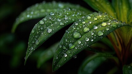 Wall Mural -   A close-up shot of a lush green plant with droplets of water cascading off its leaves, positioned against a simple green background