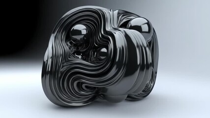 Glossy black abstract sculpture with swirling, wave-like forms and embedded spheres, set against a neutral background