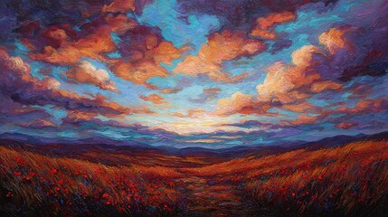 Wall Mural - a field of red flowers painted under a cloudy sky, with a blue background and red blooms in the fore