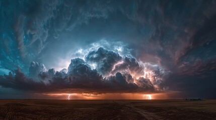 Wall Mural - a massive cloud with lightning emanating from it towers over the road, while a parked truck remains 