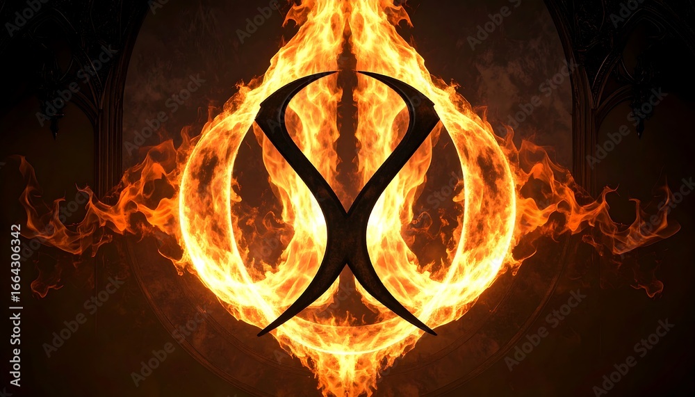 Fiery, stylized design with intricate, dark shapes engulfed in intense ...