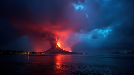 Wall Mural -   A towering volcano erupts molten rock into the heavens, casting a long shadow over the bustling metropolis situated on its opposite side