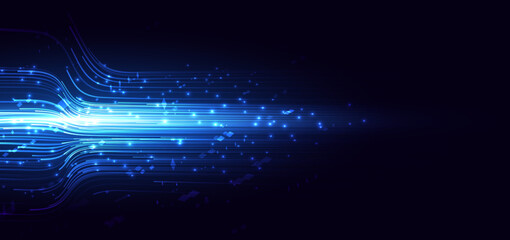 Wall Mural - futuristic glownig blue horizontal lines with lighting effect and sparkle on dark blue background.
