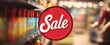 © MP Studio - The Red Sale Badge in a Blurred Supermarket Aisle with Shopper and Cart