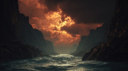 Wall Mural -   Water encircled by peaks, cloudy sky with sunbeam