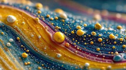 Wall Mural -   A close-up of a vibrant blue, yellow, and purple abstract painting with water droplets splashing on top