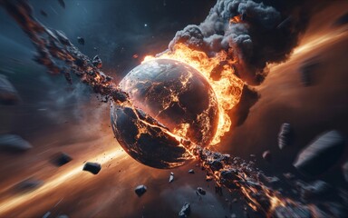 Wall Mural - A planet is engulfed in a spectacular explosion, with fire and debris radiating outwards into the vastness of space. 