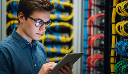 young, focused IT professional in glasses and a blue shirt works on a tablet in a data center background