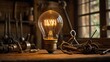 © Sameera - Illuminated vintage light bulb on a wooden table with antique tools in a workshop environment setting