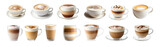 Cappuccino and latte coffee cups with milk foam topping. Assorted hot beverages served in glass and ceramic mugs. Fresh barista drinks highlight café culture and cozy mornings.