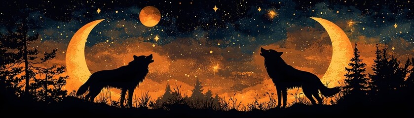 Wall Mural - Wolves Howling at Crescent Moons under Starry Sky