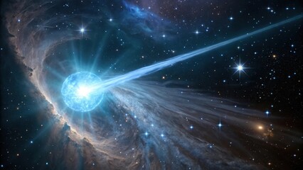 Vibrant blue star emits powerful beam through swirling cosmic nebula against starry expanse