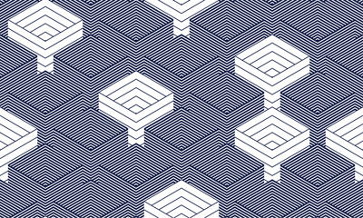 Cubes abstract background, seamless pattern with 3D blocks, geometric linear polygon wallpaper, isometric surreal cubic construction tiling pattern.