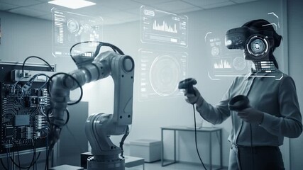 Woman Using VR Headset to Control Robotic Arm in a Futuristic Industrial Environment