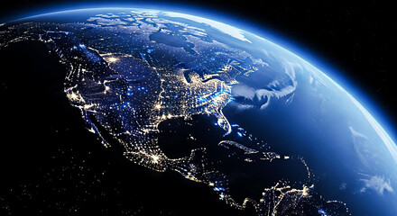 Stunning view of earth from space showcasing glowing city lights illuminating continents at night with deep blue oceans and a starry sky.