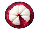 Mangosteen half top view with full white segments arranged in a star pattern inside deep purple rind, detailed tropical fruit cross-section on isolated background