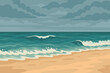 © Joan - Sandy beach with restless sea waves under a cloudy sky. Modern flat vector cartoon illustration of a tropical ocean landscape. Seascape concept with stormy weather.