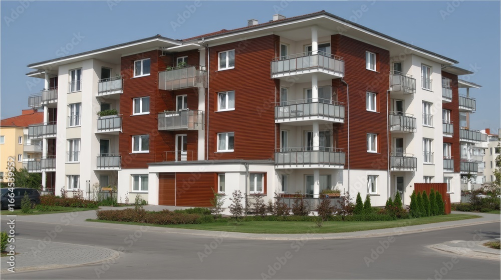 Multi-story apartment building with balconies and red brick facade ...